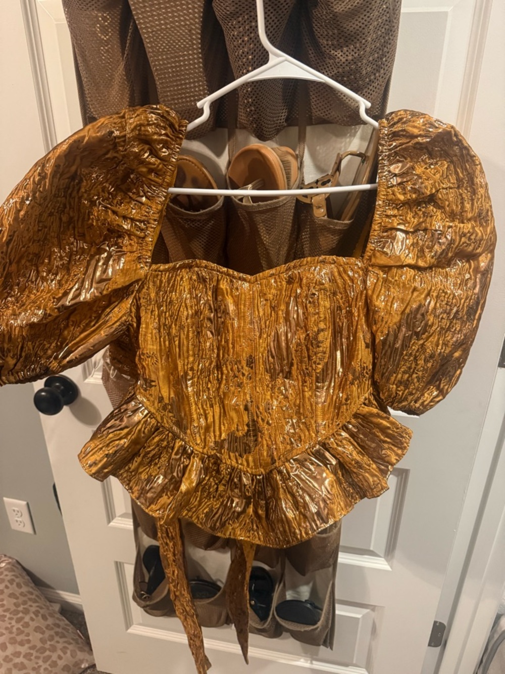 Buddy Love Metallic Bronze Puff Sleeve Peplum Top